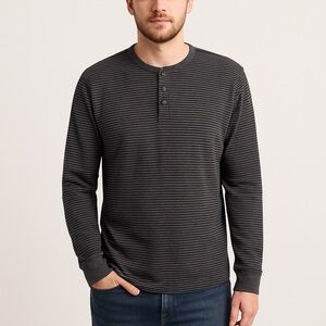 Lucky Brand Men’s Black Gray Striped Long Sleeve Henley Shirt Size L